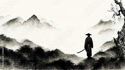 Swordsman Walking In Misty Mountain Valley