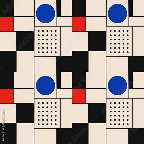 Geometric abstract pattern featuring black, red, blue, and beige shapes including squares, circles, and dotted rectangles arranged in a repetitive grid.