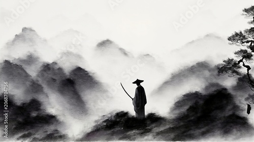 Lonely Swordsman In Ink Wash Mountains