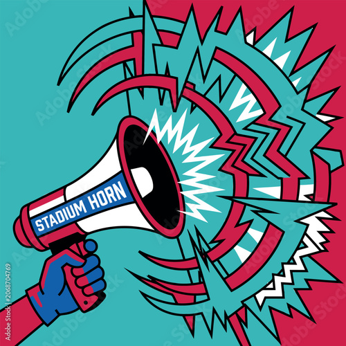 A Pop Art Illustration Featuring A Loud Stadium Horn Emitting Sound Waves