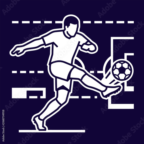 A minimalist white vector illustration of a soccer player striking a ball