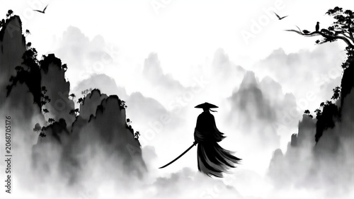 Swordsman Standing In Misty Mountains