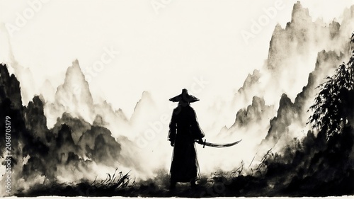 Ink Style Swordsman Standing In Mountains