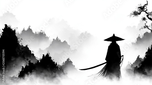 Silhouette Of Swordsman In Misty Valley