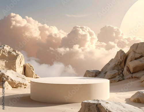 Minimalist Podium Stage Amidst Dreamy Clouds and Rocky Landscape.