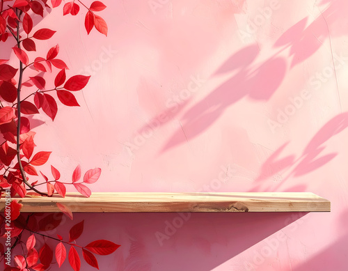 Empty Wooden Shelf with Red Leaves and Pink Wall Background.