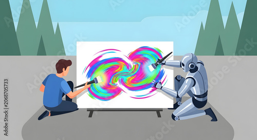 Artificial intelligence robot and human collaborate on a painting