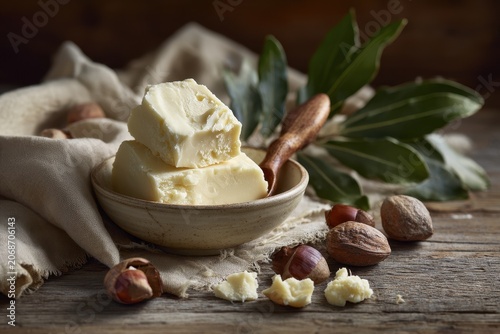 Natural shea butter in a rustic wooden bowl with nuts and greenery, warm sunlight