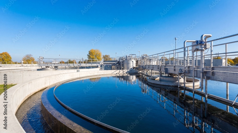 Fototapeta premium Modern wastewater treatment plant with circular sedimentation tanks