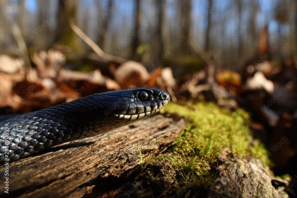 Obraz premium Oklahoma black rat snake basking on a sun-warmed log in a hardwood forest