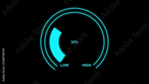 Digital gauge meter animation moves from high overload to safe low levels, presentation template from 100 to 0 percent Car Fuel Dashboard moving up and down, hud radar icon concept.