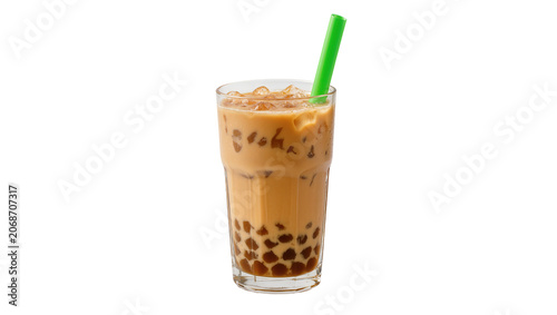 Tableau sur toile Iced milk tea with tapioca pearls and straw in glass