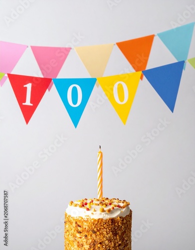Festive Flag Garland and Cake with Number 100 for Birthday and Anniversary Party