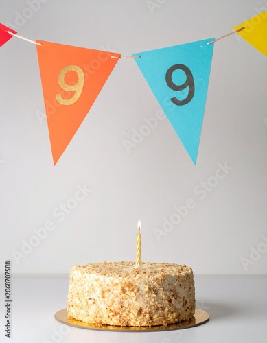 Festive Flag Garland and Cake with Number 99 for Birthday and Anniversary Party