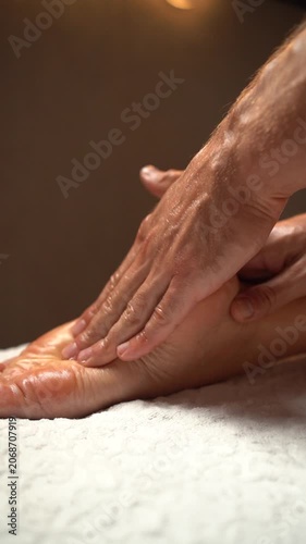 Professional masseur's hands massaging a client's foot with oil in a wellness spa center