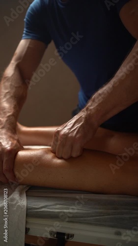 Muscular male therapist massaging a client's calf muscle on a massage table for sports recovery