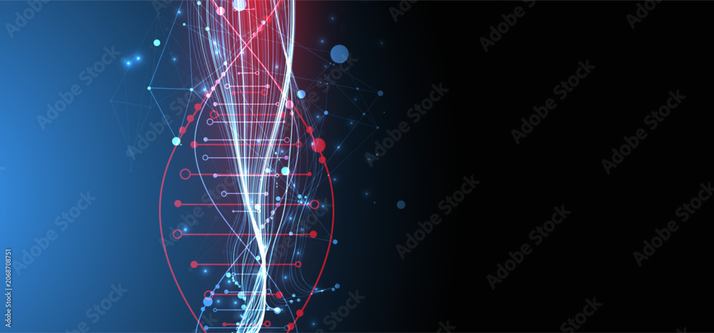 Naklejka premium Abstract digital technology background with DNA helix structure and glowing neon light waves. Vector illustration.
