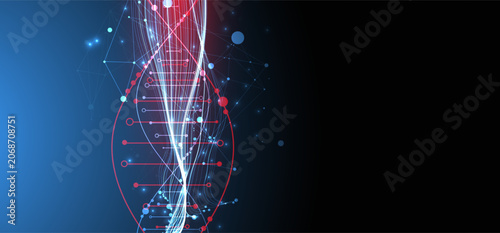 Abstract digital technology background with DNA helix structure and glowing neon light waves. Vector illustration.