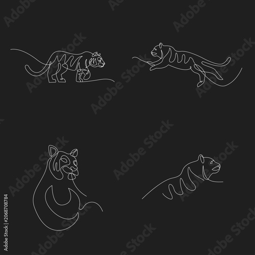 Minimalist Continuous Line Art Drawing of Tigers in Various Poses, Abstract Graphic Design Set