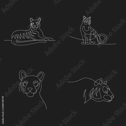 Continuous Line Art Tigers Vector Illustration Set on Black Background