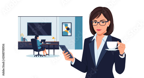 Empowered professional businesswoman expertly multitasking with smartphone and coffee, seamlessly managing her demanding work tasks from a contemporary office setting.
