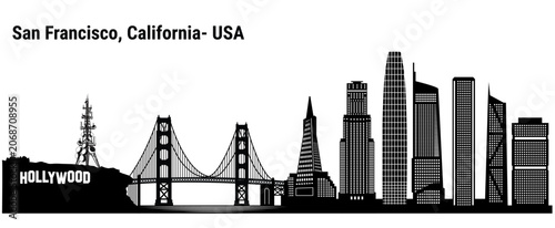 Striking San Francisco skyline silhouette featuring the Golden Gate Bridge and iconic skyscrapers. Perfect for wall art, travel decor, branding, posters, apparel, and souvenirs