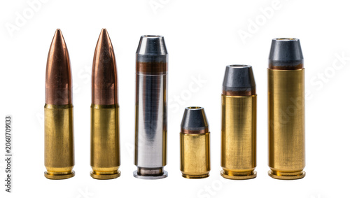 Various ammunition cartridges with brass casings and metal bullets