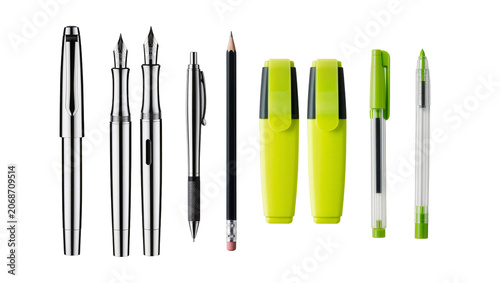 Fotografie Collection of writing instruments including fountain pens ballpoint pen pencil,