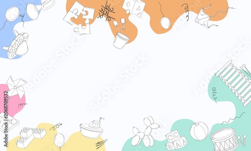 Colorful border of children s toys and playful objects on white background with pastel splashes, including balloons, puzzle pieces, blocks, boat, drum