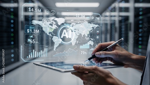 Hand using tablet with holographic AI business dashboard, global financial analytics in data center, ideal for corporate tech and fintech