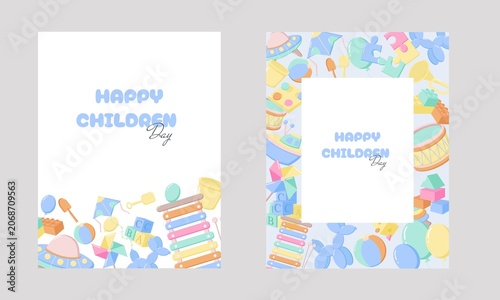 Set of two colorful Children s Day greeting cards with playful toy illustrations including blocks, drums, balloons, pinwheels, xylophones, and buckets