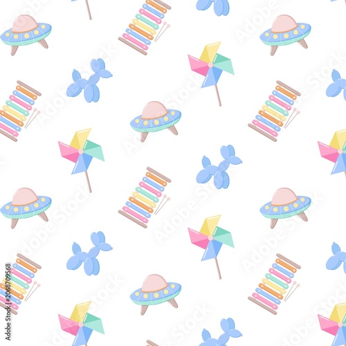 Seamless pattern of colorful children s toys including balloon dogs, pastel pinwheels, rainbow xylophones, and cartoon UFOs on white background