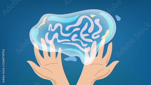 Obraz na plátne Mental health calm and peacefulness of a hand holding a brain water bubble, blue