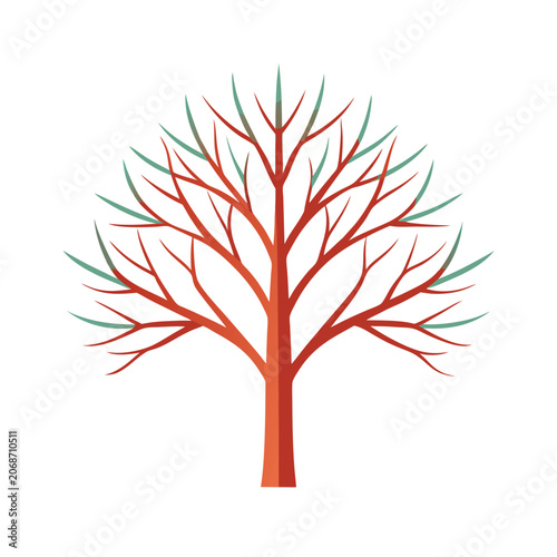 Stylized Red and Teal Winter Tree Illustration Simple Bare Branches Minimalist Nature Graphic Design Element