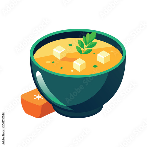 Teal Bowl of Creamy Orange Soup with Cheese Cubes and Green Garnish Orange Bread Slice