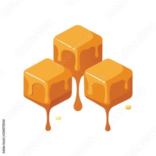 Three Amber Honey Cubes Dripping Sweet Golden Syrup Delicious Gooey Treat Cartoon Style Illustration
