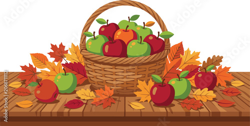 Autumn Apple Vector Illustration on Rustic Table with Fall Leaves