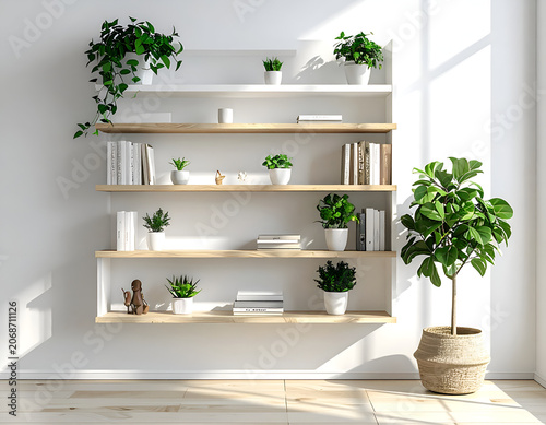 Modern Floating Shelves Filled With Green Plants and Books.