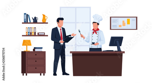 Professional businessman and a chef in uniform discussing business strategy and culinary plans in an office. Restaurant management meeting, food service.