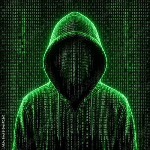 Hooded Figure Formed from Glowing Digital Code