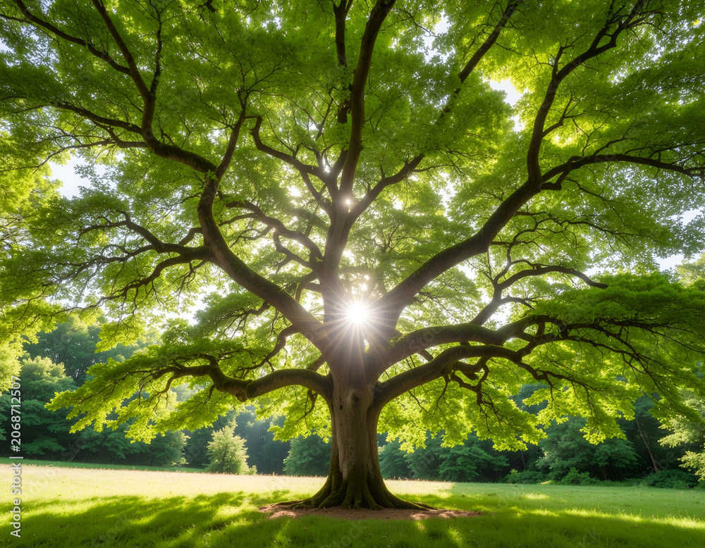 Fototapeta premium A majestic, sprawling tree stands bathed in golden sunlight, its vibrant green leaves creating a stunning display of natural beauty in a peaceful park setting.