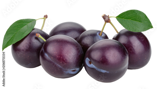 Konstfotografi Group of ripe purple plums with green leaves and stems