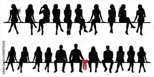 Cuadro en lienzo Silhouettes of people sitting on benches with one person in red group
