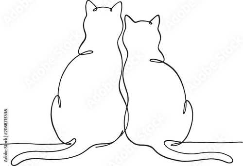 Two cats sitting side by side continuous line drawing with continuous, together