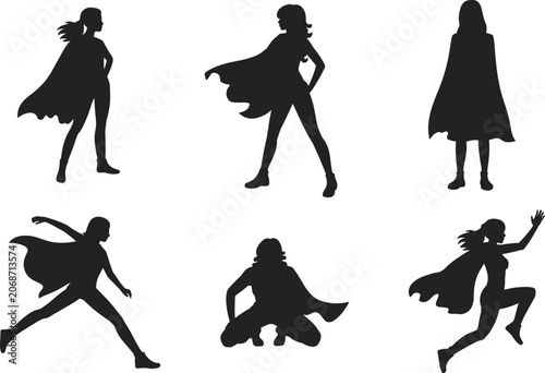 Bild auf Leinwand Six black silhouettes of women in capes in various heroic poses Keywords: silhou