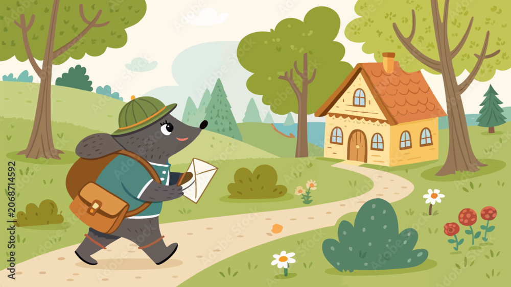Naklejka premium Adorable mole postman delivering letters in a whimsical forest landscape illustration featuring a cozy cottage and lush greenery in a charming vector style