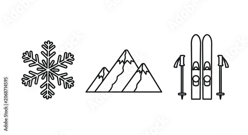 Schilderij op canvas Snowflake Mountain And Ski Silhouette Icons On White Background