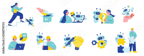 AIを活用する人々のイラストセット
