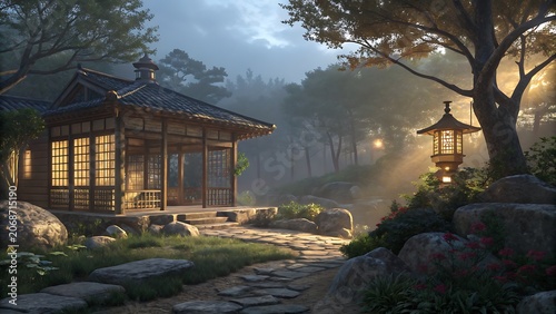Traditional Asian House in Misty Forest with Soft Lantern Light at Dusk