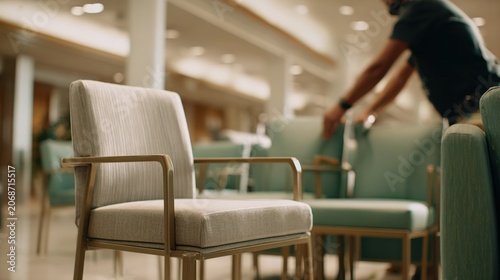 Medium shot capturing staff preparing ambulatory surgery center lobby for closing focused on worker arranging chairs while background is gently defocused.